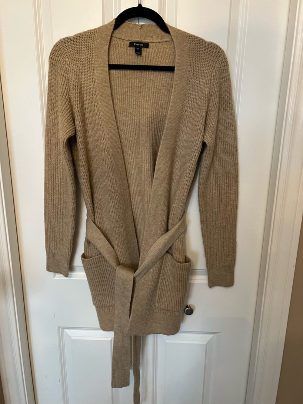 RW&CO Open Front Belted Cardigan Sweater in Camel